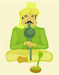 snake charmer playing a musical instrument and dancing snake. vector illustration
