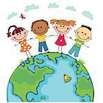 Globe kids. International friendship day. Earth day. Vector illustration of diverse Children Holding Hands.