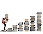 Child with backpack climbs a books scale