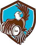 Illustration of an american bald eagle carrying beer keg viewed from the side set inside shield crest on isolated background done in retro style.