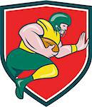 Illustration of an american football gridiron player running back charging with ball viewed from the side set inside shield crest on isolated background done in cartoon style.