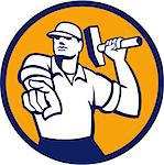 Illustration of a demolition worker wearing hat pointing holding hammer ready to strike set inside circle on isolated background done in retro style.