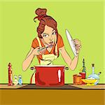 woman preparing food in the kitchen. Vector line art illustration. The girl cooking food. Cook and delicious dish. A housewife tries out the taste of the food