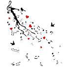 vector illustration of musical notes tree branch with birds and hearts