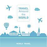 Famouse places. Travel arround the world vector illustration. Travelling by plane, airplane trip in various country. Flat design style poster.