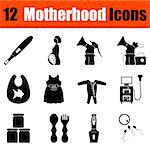 Set of twelve motherhood black icons. Vector illustration.