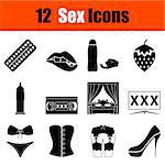 Set of twelve sex bllack icons. Vector illustration.