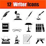 Set of twelve writer black icons. Vector illustration.