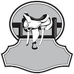 Illustration of a modern western saddle on ranch fence set inside oval shape with banner in front in black and white done in retro style.