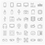 Gadgets and Devices Line Art Design Icons Big Set. Vector Set of Modern Thin Outline Technology and Electronic Items.