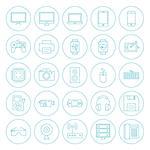 Line Circle Technology Gadgets Icons Set. Vector Set of Modern Thin Outline Icons of Electronic Devices Circle Shaped Isolated over White Background.