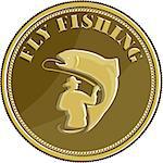 Illustration of a fly fisherman fishing casting rod and reel reeling trout viewed from rear set inside gold brass coin done in retro style.
