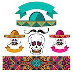 abstract ethnic colorful banner mexican set skull with mustache and sombrero