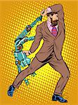Cyclops businessman against a robot pop art retro style. Human vs artificial intelligence