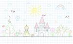 Vector sketch with happy little princess, castle, dog, tree, sun, rainbow, cloud and flowers. Sketch on notebook page