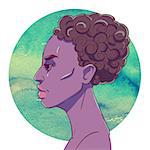 Portrait of serious African American girl with short hair on a background watercolor circle