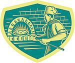 Illustration of a baker pizza maker holding a peel with pizza pie into a brick oven viewed from side set inside shield done in retro woodcut style.