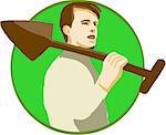 Illustration of a male gardener landscaper horticulturist holding shovel spade on shoulder viewed from the side set inside circle on isolated background done in retro style.