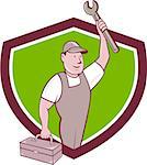 Illustration of a mechanic wearing hat and overalls lifting raising up spanner wrench holding toolbox looking to the side viewed from front set inside shield crest on isolated background done in cartoon style.