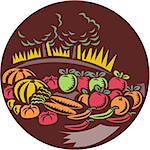 Illustration of orchard crops harvest fruit vegetable set inside circle with trees farm in the background done in retro woocut style.