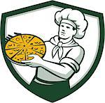 Illustration of a pizza chef baker holding pizza viewed from front set inside shield crest on isolated background done in retro style.