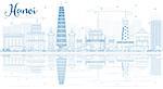 Outline Hanoi skyline with blue Landmarks and reflections. Vector illustration. Business and tourism concept with copy space. Image for presentation, banner, placard or web site
