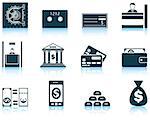 Set of twelve bank icons with reflections. Vector illustration.