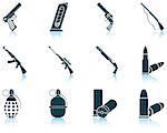 Set of twelve weapon icons with reflections. Vector illustration.