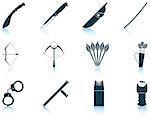 Set of twelve weapon icons with reflections. Vector illustration.