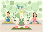 Three beautiful pregnant women practicing yoga exercises in gym. Vector illustration