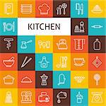 Vector Line Art Kitchenware and Cooking Utensils Icons Set. Vector Set of Modern Thin Outline Kitchen Appliances over Colorful Squares.