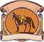 Illustration of a riderless horse with old style western saddle on ranch fence set inside oval shape with scroll and laurel leaves and sunburst in background done in retro woodcut style.