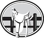 Illustration of an old style western saddle sitting on ranch fence set inside oval shape in black and white done in retro style.