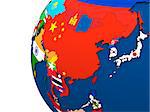 Political map of east Asia with each country represented by its national flag. 3D Illustration.