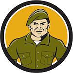 Illustration of an army ranger standing in full attention viewed from front set inside circle on isolated background done in cartoon style.