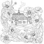 black and white flowers and victorian house. for adult coloring book, zenart style. Hand-drawn, retro, doodle, vector, uncoloured. The best for textiles, cards, coloring book in vector.