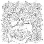 uncolored prince, flowers and ribbon for text. Adult coloring book famous zenart style. Hand-drawn, retro, doodle, vector, uncoloured. The best for design, textiles, cards, coloring book