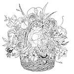 uncolored flowers in a basket and ribbon for text. Adult coloring book famous zenart style. Hand-drawn, retro, doodle, vector, uncoloured. Black and white. The best for design,  cards, coloring book