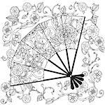 Uncoloured Oriental fan decorated with floral patterns for adult  coloring book.  Black and white. Uncolored Vector illustration. The best for your design, textiles, posters, adult coloring book