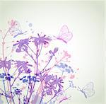 Abstract vector floral background with flowers and butterflies. Wildflowers and chamomiles. Silhouette of flowers.