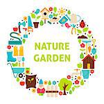 Flat Circle Set of Nature Garden Objects. Vector Illustration. Collection of Spring Gardening Tools Isolated over white.