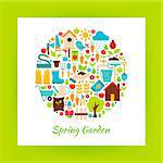 Flat Circle Spring Garden Objects. Collection of Vector Gardening Tools isolated over white Paper Template.