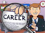 Businessman Shows Text on Paper - Career. Closeup View through Magnifier. Colored Doodle Illustration.