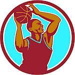 Illustration of a basketball player with ball rebounding lay up set inside circle viewed from the side done in retro style.