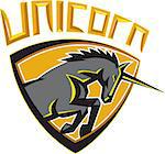 Illustration of a unicorn horse head charging viewed from the side set inside shield crest done in retro style with the word UNICORN above image