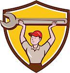 Illustration of a mechanic lifting giant wrench over head looking to the side viewed from front set inside shield crest on isolated background done in cartoon style.