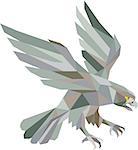 Low polygon style illustration in grey of a peregrine falcon hawk eagle bird swooping viewed from the side set on isolated white background done in retro style.