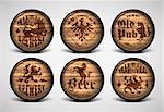 set of six covers on the wooden barrels for beer