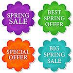 spring sale and offer banners - text in four colors flowers labels, business shopping seasonal concept, flat design