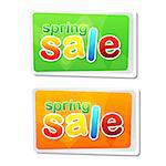 spring sale banners - text in two flat design labels, business shopping seasonal concept